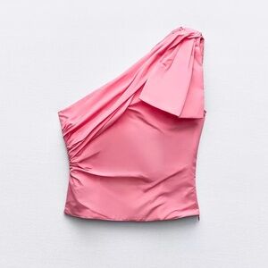 Zara Taffeta Bow Coral Pink One-Shoulder Top Medium